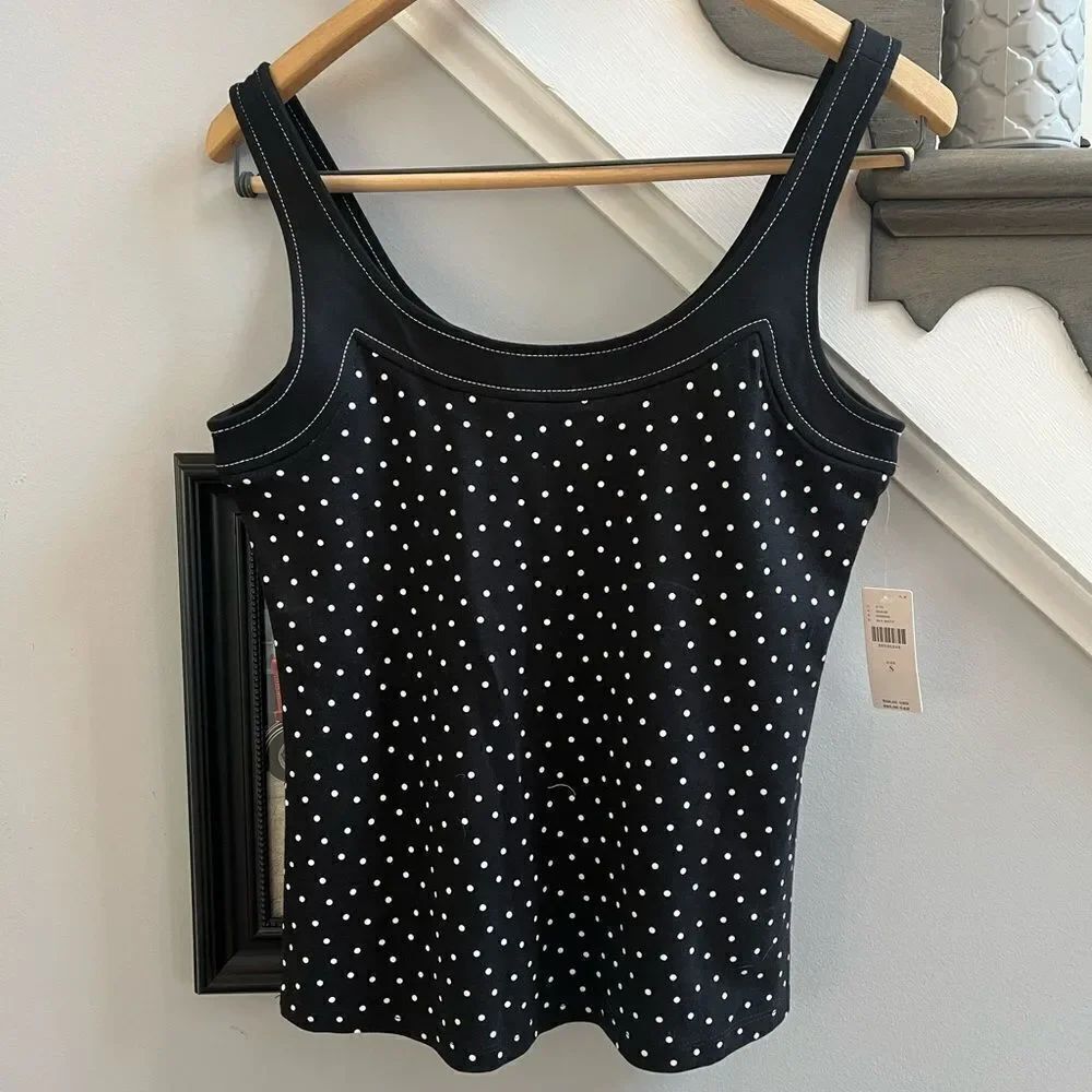 By Anthropologie Black Polka Dot Heavy Weight Trim Cami Top sz S NWT